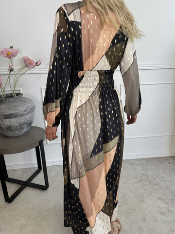 Pams Abstract L/S - Elastisk flerfarvet lang kjole med guld detaljer