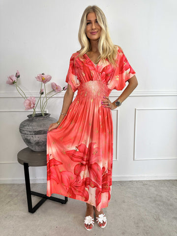 Pams Big Lily - Elastisk kjole med store liljer og guld detaljer