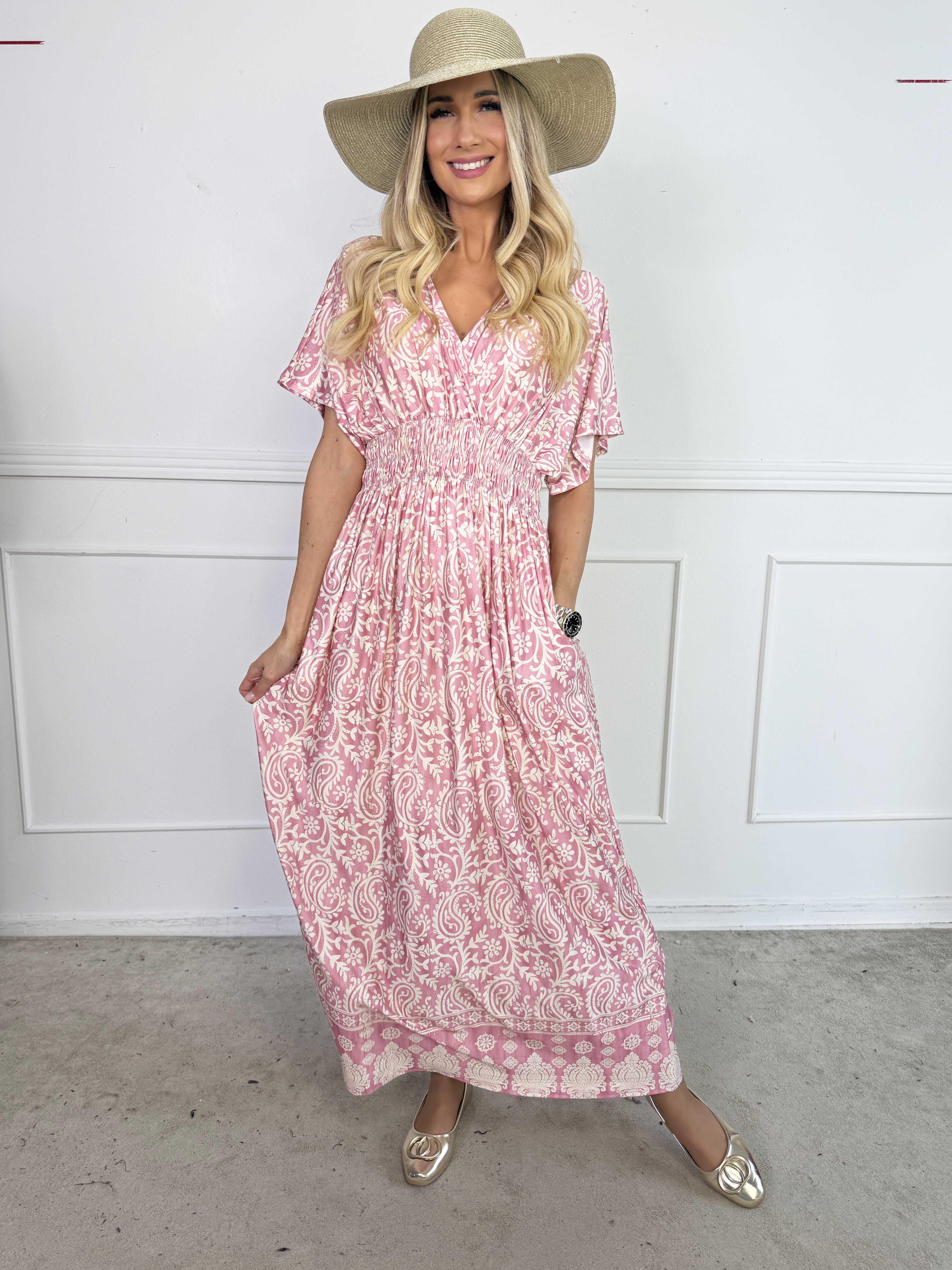 Pams Boteh - Lång stretchig mönstrad klänning med fickor