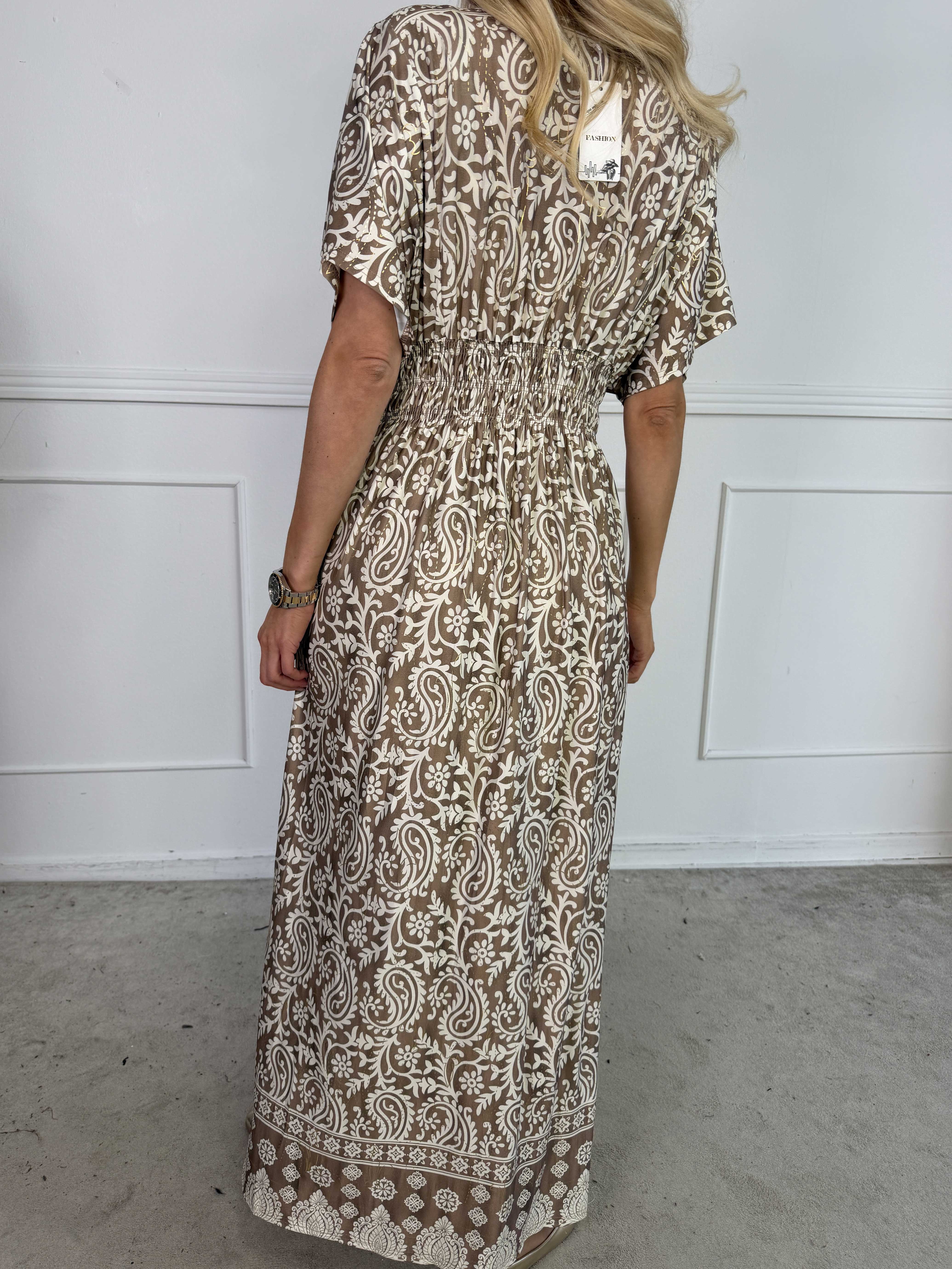 Pams Boteh - Lång stretchig mönstrad klänning med fickor