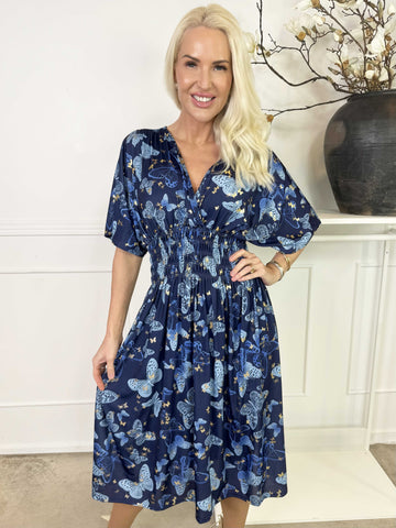 Pams Butterfly Midi S/S - Elastisk klänning med fjärilsmönster
