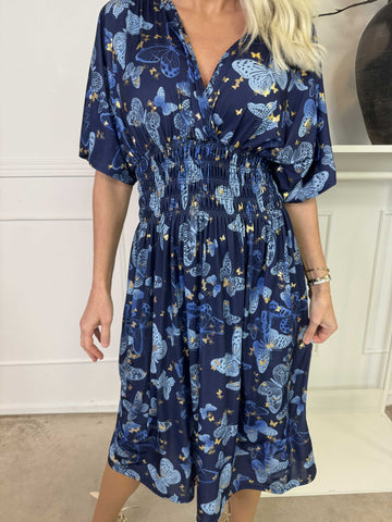 Pams Butterfly Midi S/S - Elastisk klänning med fjärilsmönster