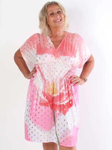 Pams Field Short - Kort elastisk plus size kjole med blomstermotiv og guld dutter