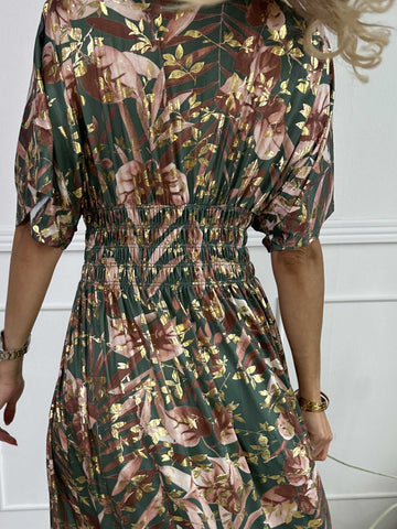 Pams Gold Leaf - Lang elastisk kjole med blomsterprint og guld detaljer