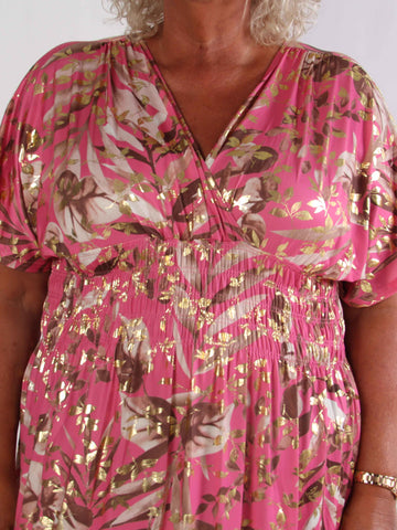 Pams Gold Leaf - Elastisk plus kjole med blomsterprint og guld detaljer