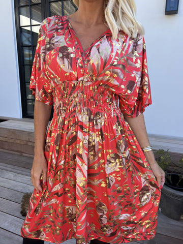 Pams Gold Leaf Short - Elastisk kjole med blomsterprint og guld detaljer