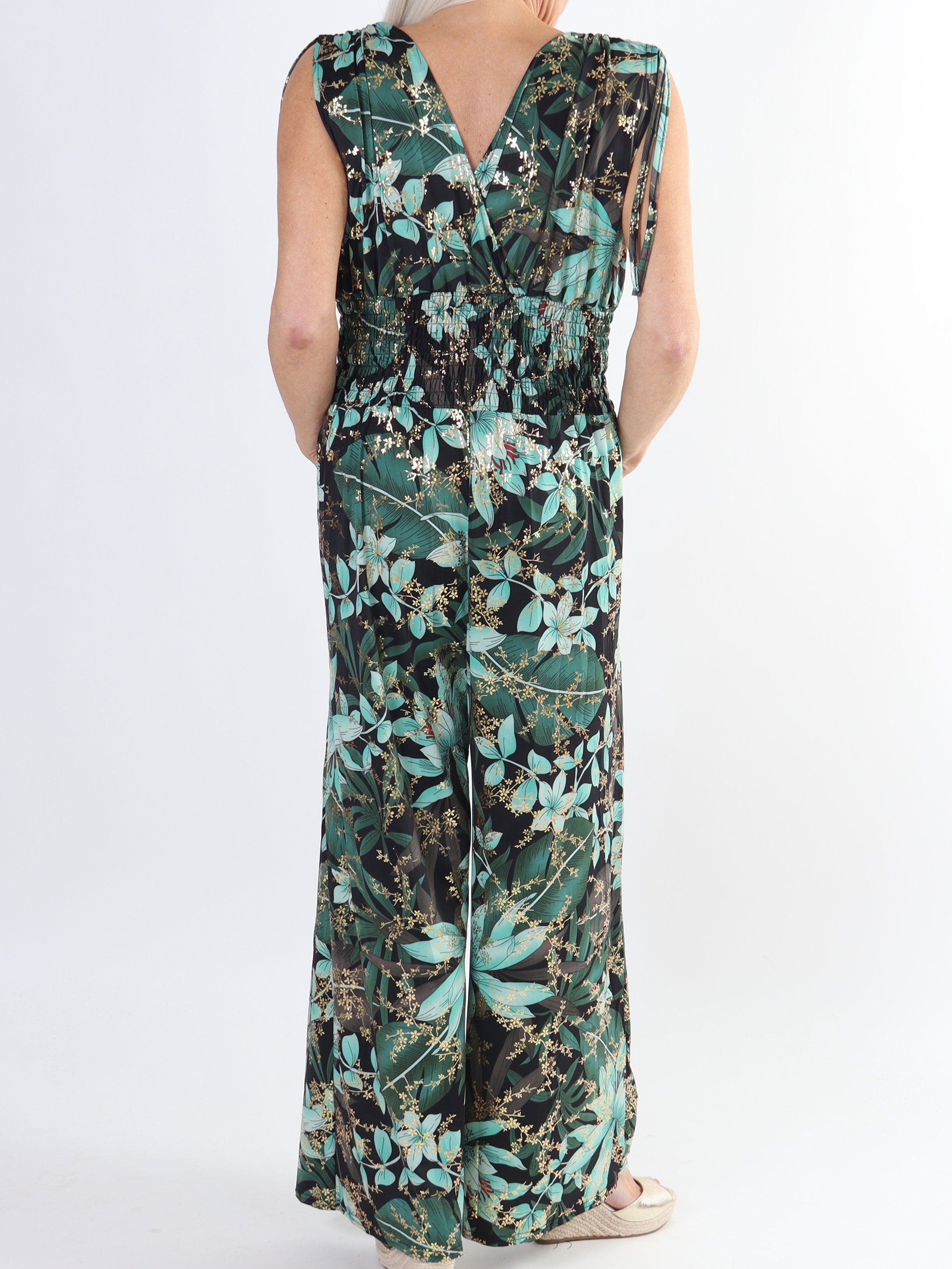 Pams Jumpsuit N/S - Jumpsuit med resår och bladmönster i stora storlekar