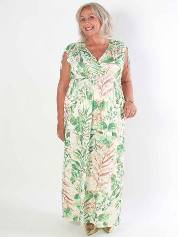 Pams Leaf Gold Sleeveless - Lång elastisk plus size klänning med sött bladmönster