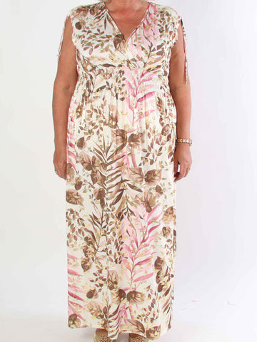 Pams Leaf Gold Sleeveless - Lång elastisk plus size klänning med sött bladmönster