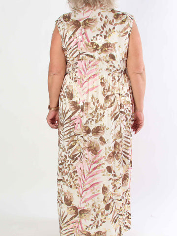 Pams Leaf Gold Sleeveless - Lång elastisk plus size klänning med sött bladmönster