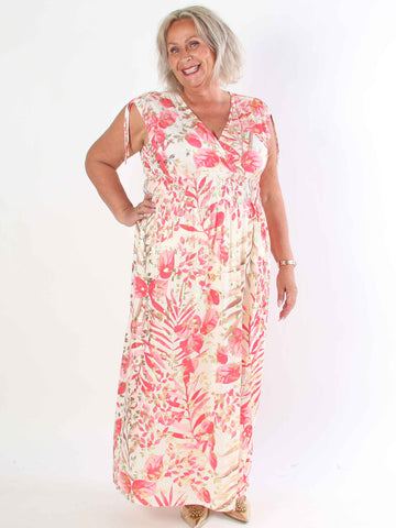 Pams Leaf Gold Sleeveless - Lång elastisk plus size klänning med sött bladmönster