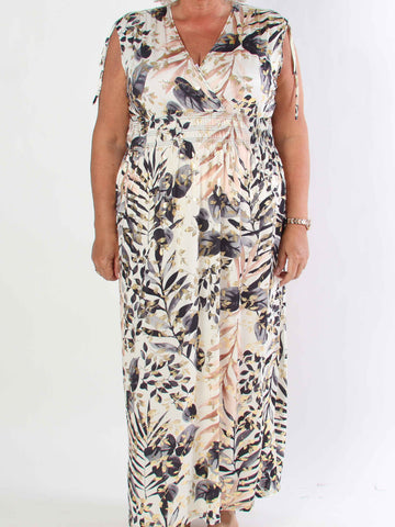 Pams Leaf Gold Sleeveless - Lång elastisk plus size klänning med sött bladmönster