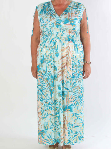 Pams Leaf Gold Sleeveless - Lång elastisk plus size klänning med sött bladmönster