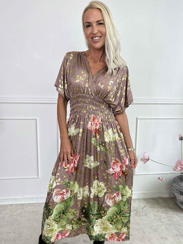 Pams Water Lily Midi - Elastisk kjole med blomsterprint og guld blade