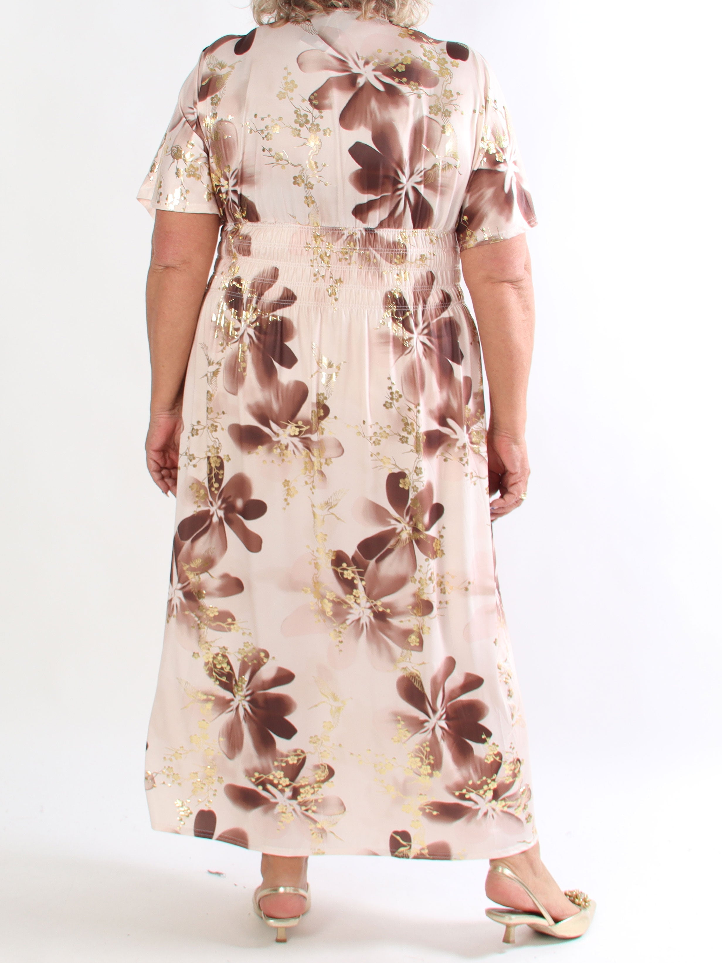 Pams Fleur - Plus size elastisk kjole med smock og japansk inspireret gulddetaljer