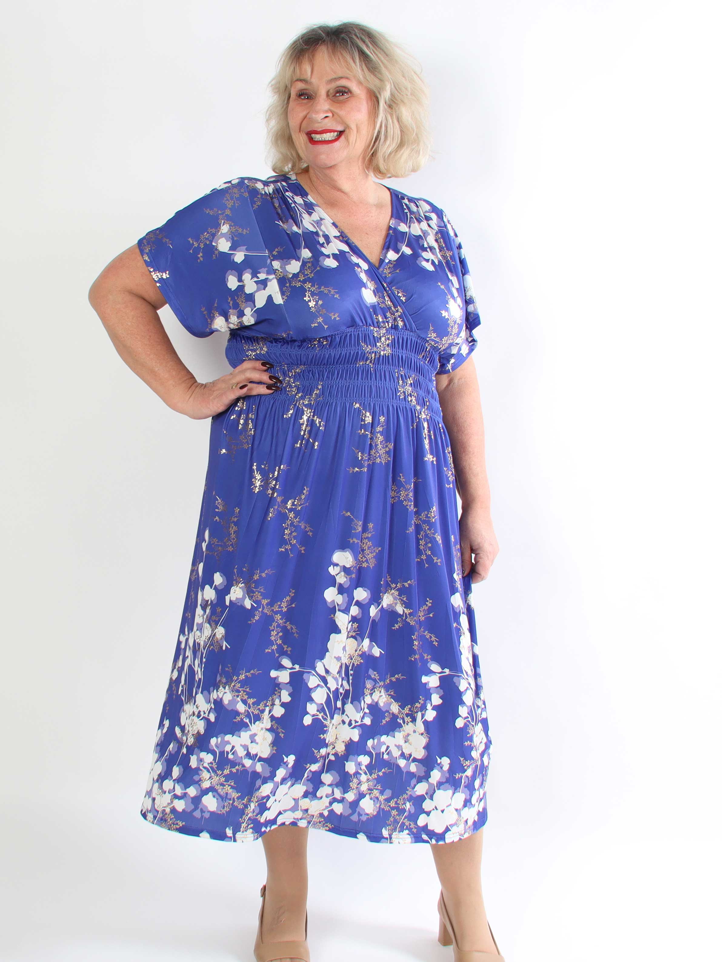 Pams Gilded Midi - Plus size kjole med blomsterprint og guld blade