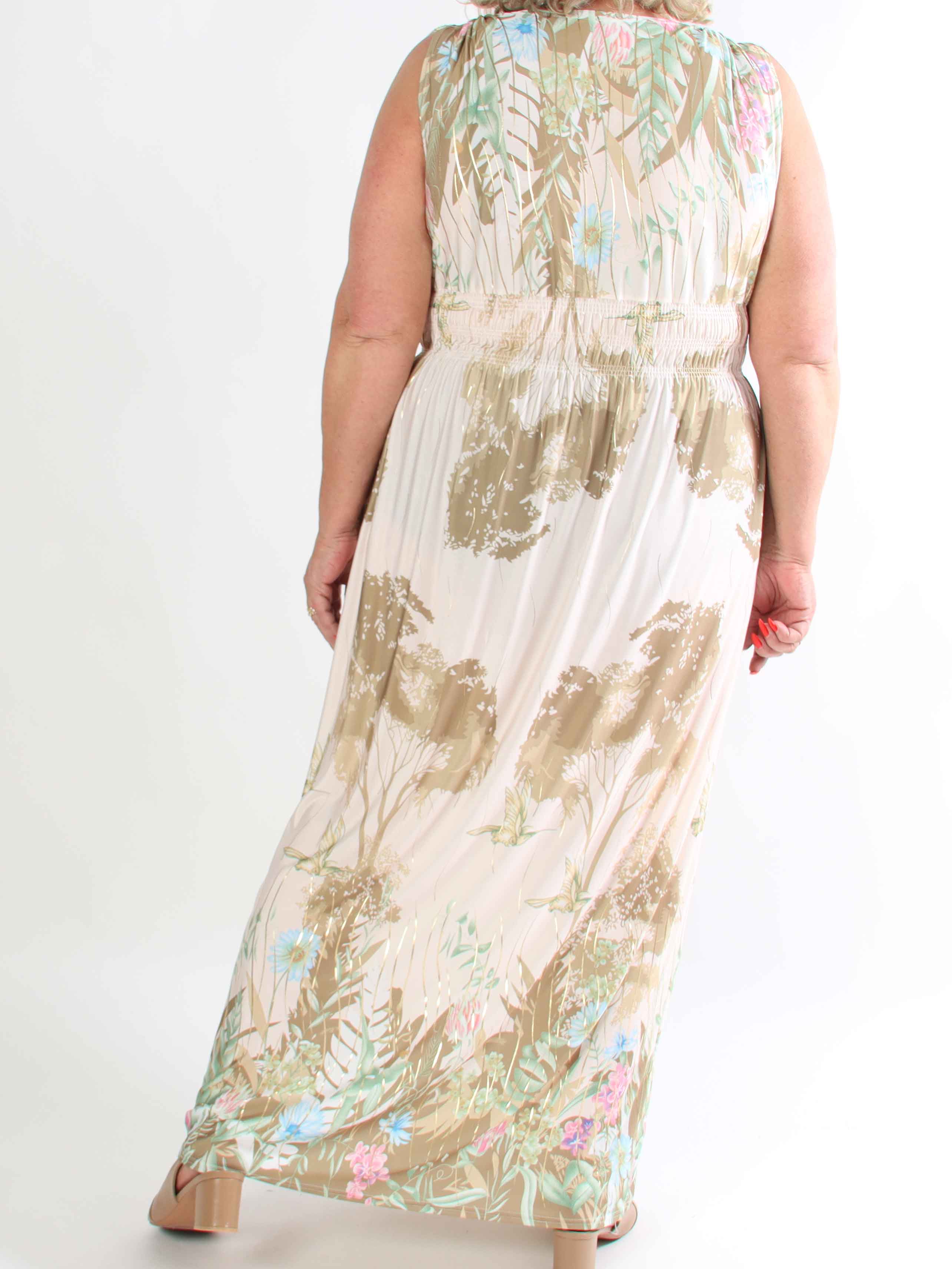 Pams Hummingbird Sleeveless - Elastisk plus size kjole med blomster og fugle motiver