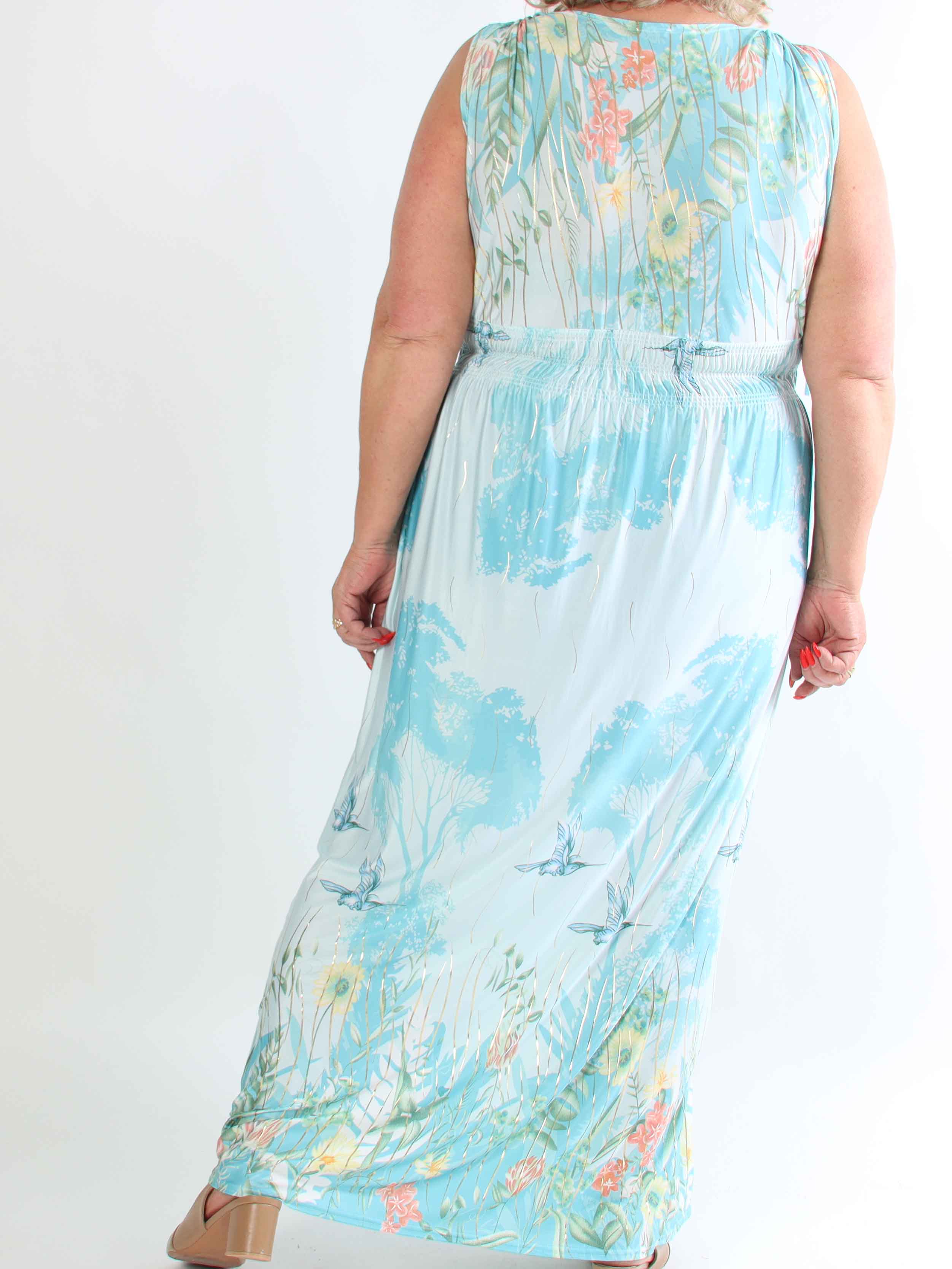 Pams Hummingbird Sleeveless - Elastisk plus size kjole med blomster og fugle motiver