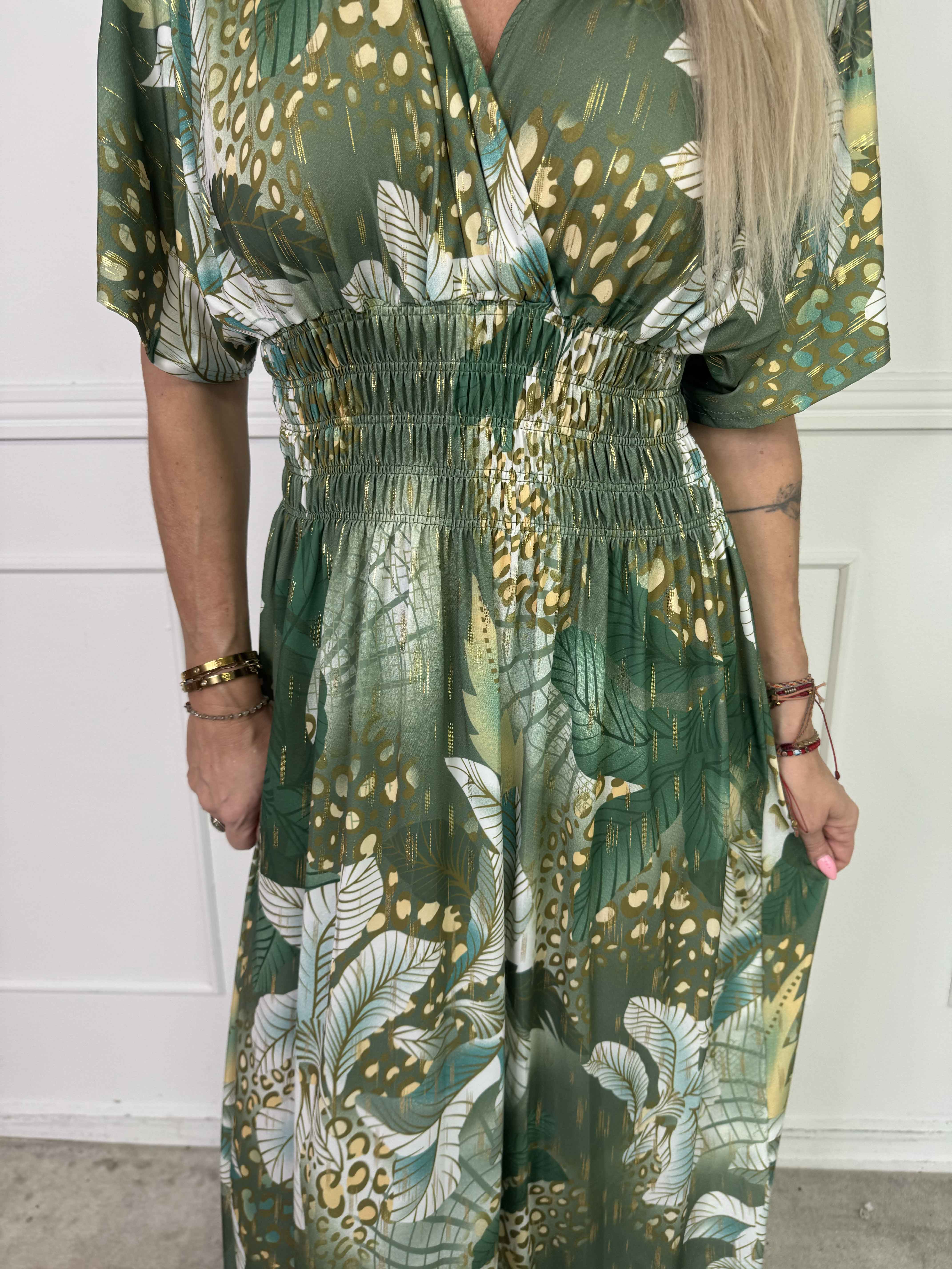 Pams Multi Leo - Lang elastisk kjole med print og guld detaljer