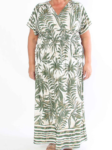 Pams Palm - Lång plus size-klänning med palmblad och smockad midja