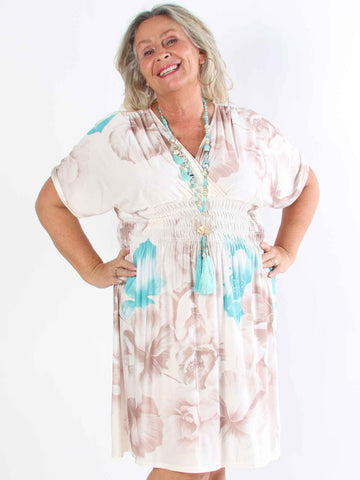 Pams Peony Short - Kort elastisk plus size-klänning med blommigt tryck
