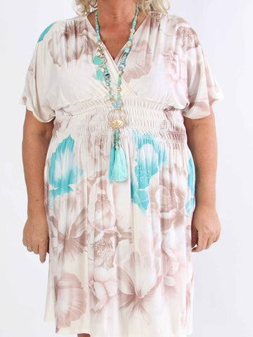 Pams Peony Short - Kort elastisk plus size-klänning med blommigt tryck
