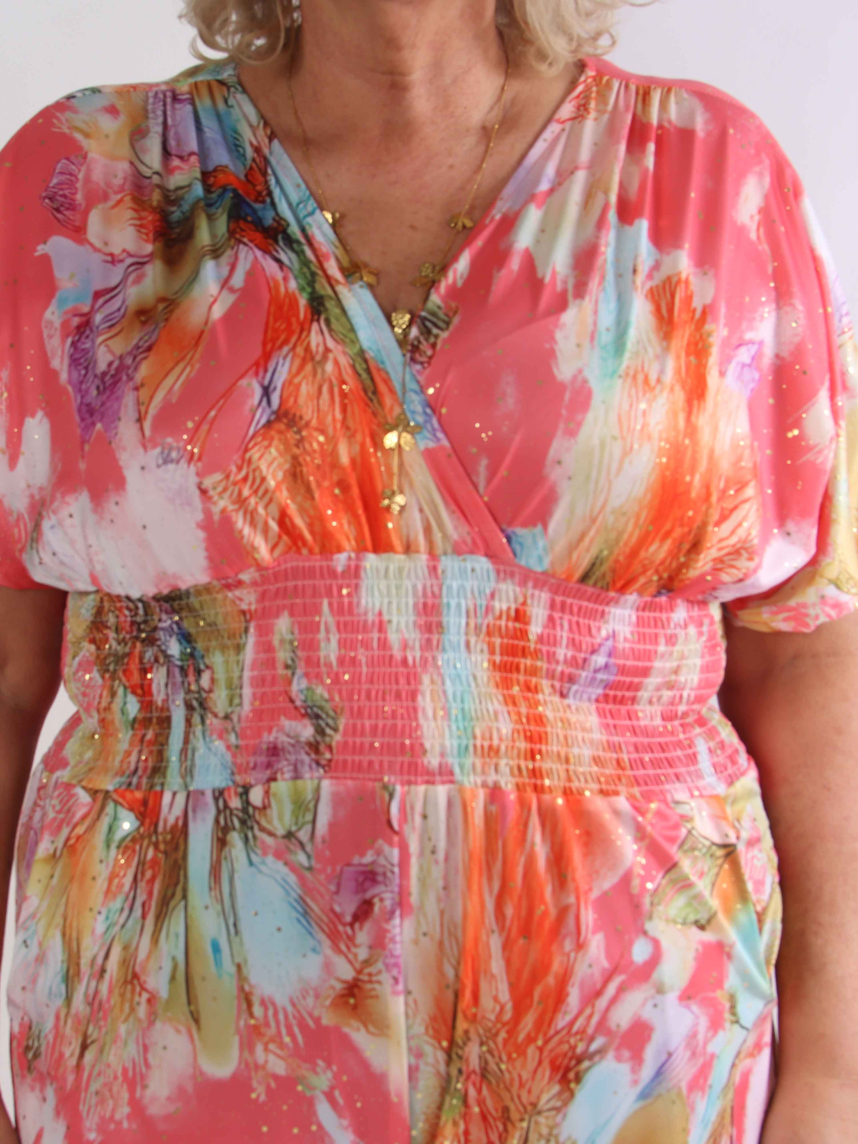 Pams Print Jumpsuit - Stretchig mönstrad plus size jumpsuit med guldfärgat damm