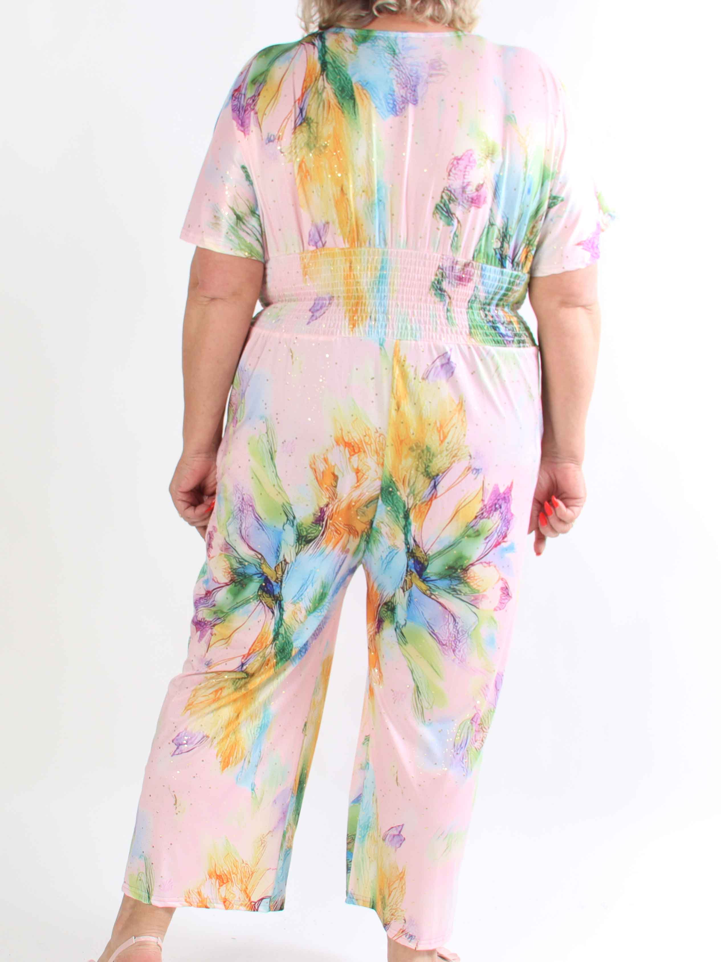 Pams Print Jumpsuit - Stretchig mönstrad plus size jumpsuit med guldfärgat damm