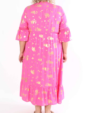 Pernilla - Klänning med guldfärgade blommor och broderier