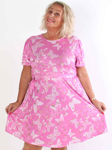 Sansa Butterfly Short - Elastisk plus size kjole med sommerfugleprint
