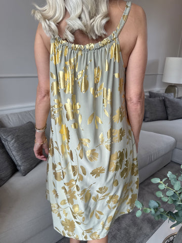 SunLove Gold Flower - Klänning med elastiskt band och stora blad i guld