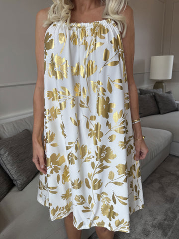 SunLove Gold Flower - Klänning med elastiskt band och stora blad i guld