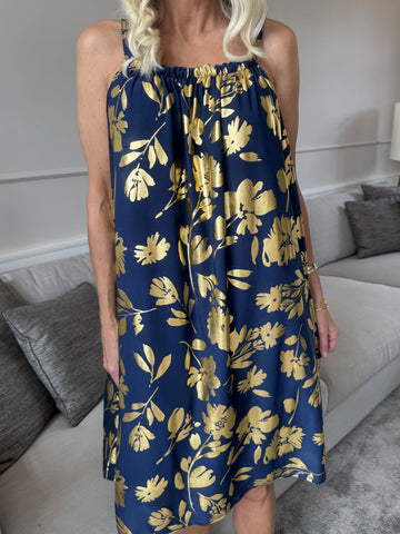 SunLove Gold Flower - Klänning med elastiskt band och stora blad i guld