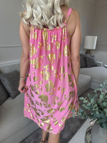 SunLove Gold Flower - Klänning med elastiskt band och stora blad i guld
