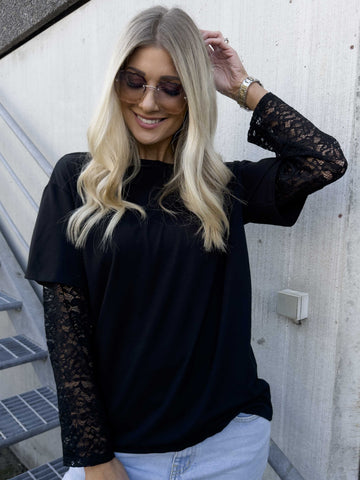Valerie - T-shirt i bomull med långa ärmar i spets