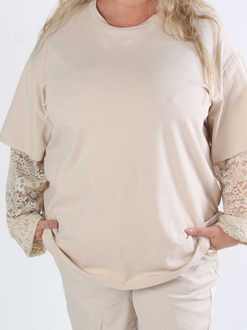 Valerie - T-shirt i bomull med långa ärmar i spets