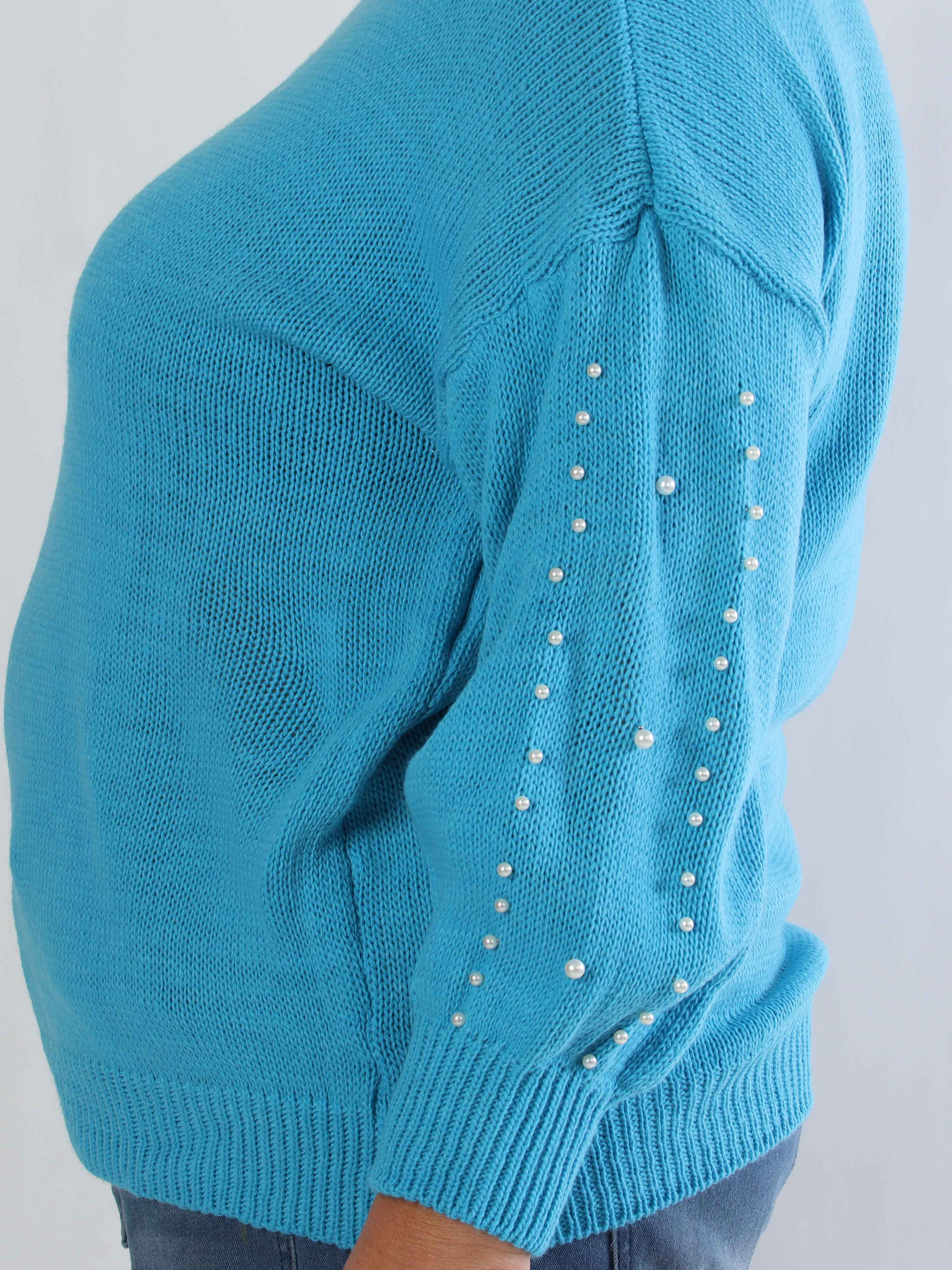 Viviane - Plus size strik detaljeret med hvide perler og ballonærmer