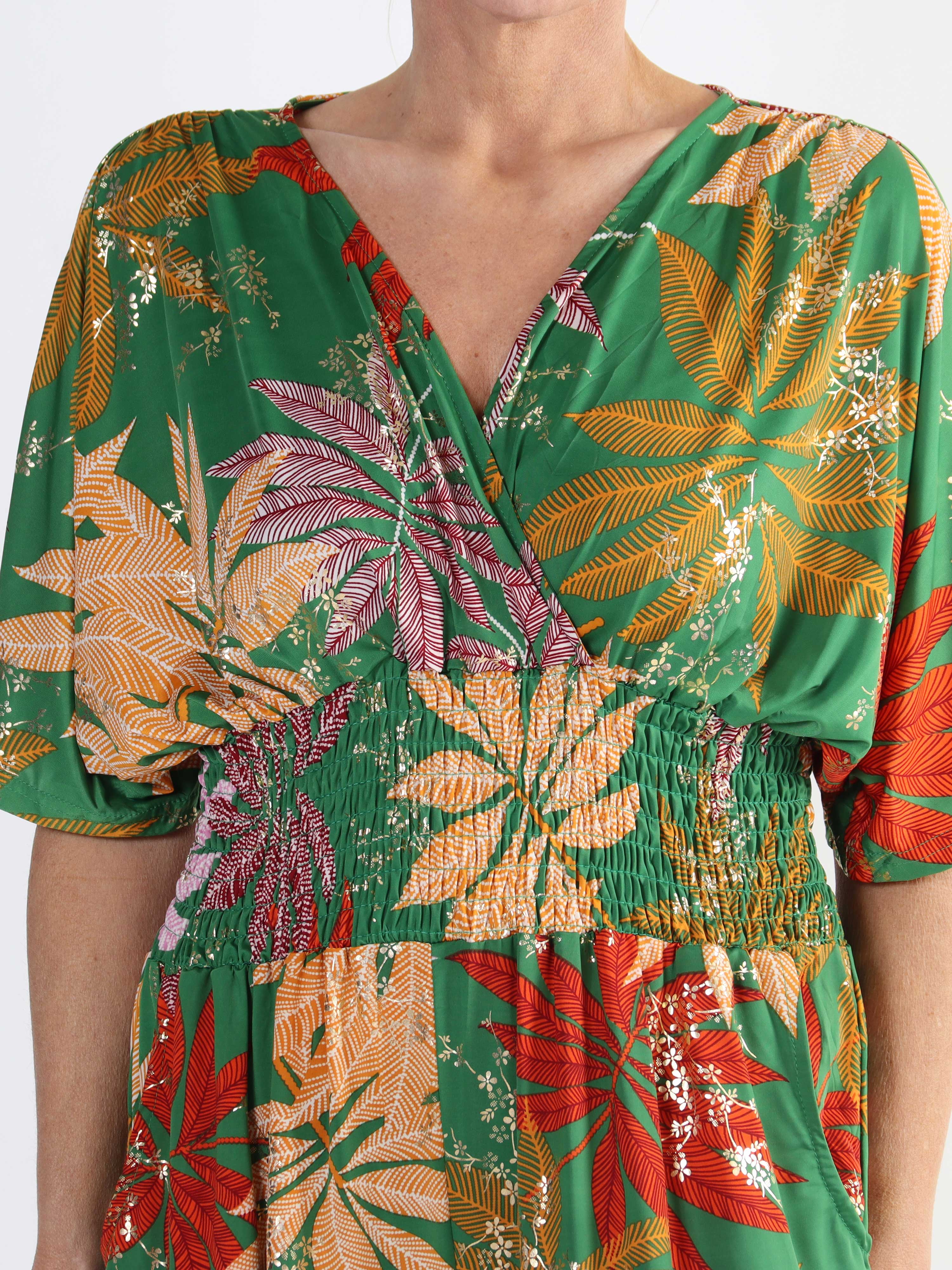 Pams Multi Leaf Jumpsuit - Jumpsuit med resår och bladmönster i stora storlekar