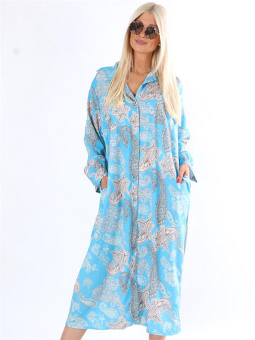 Delfina - Svart lång skjortklänning med paisley-mönster