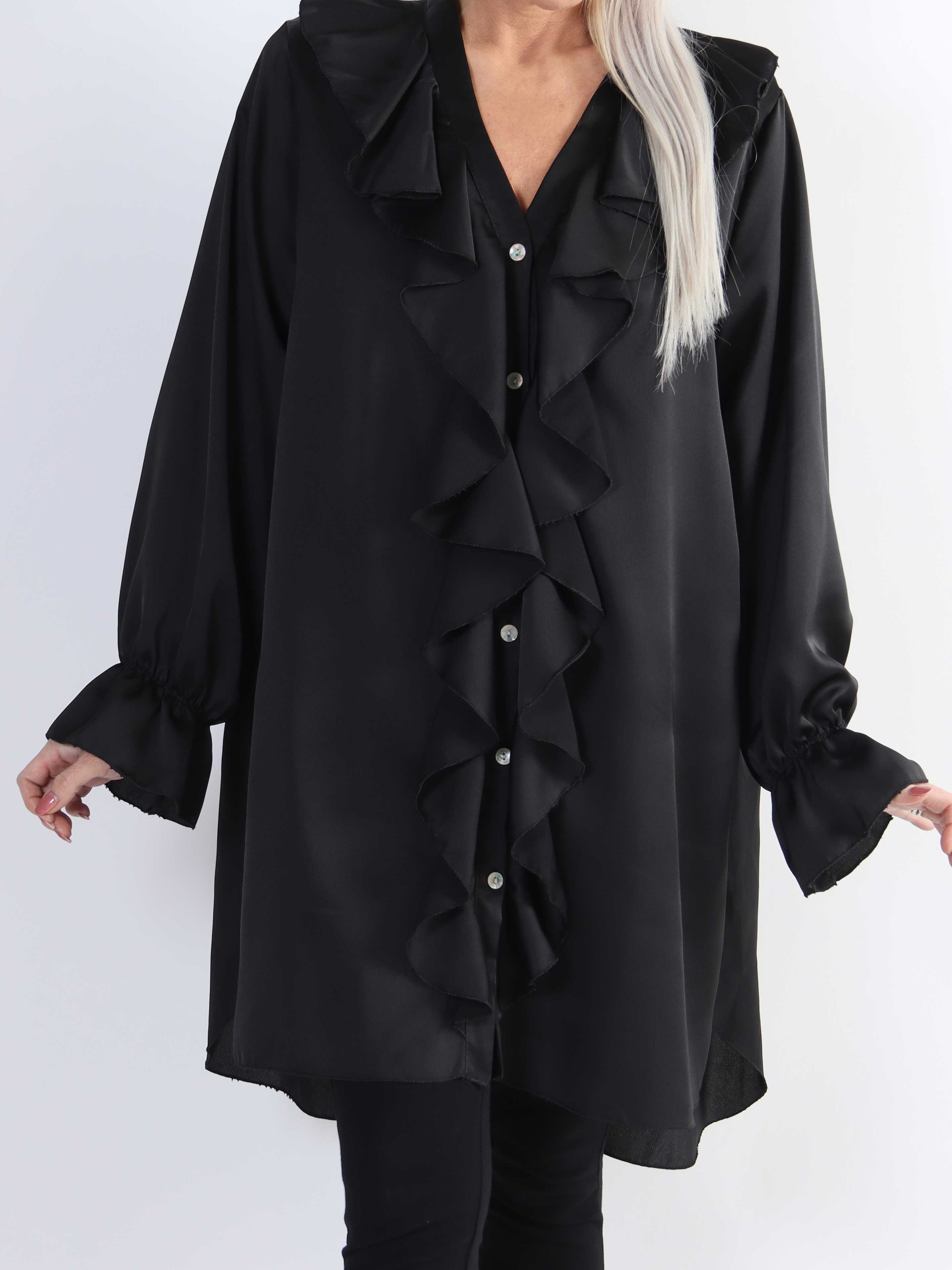 Abira - Enfärgad plus size skjortklänning i silkelook med volanger