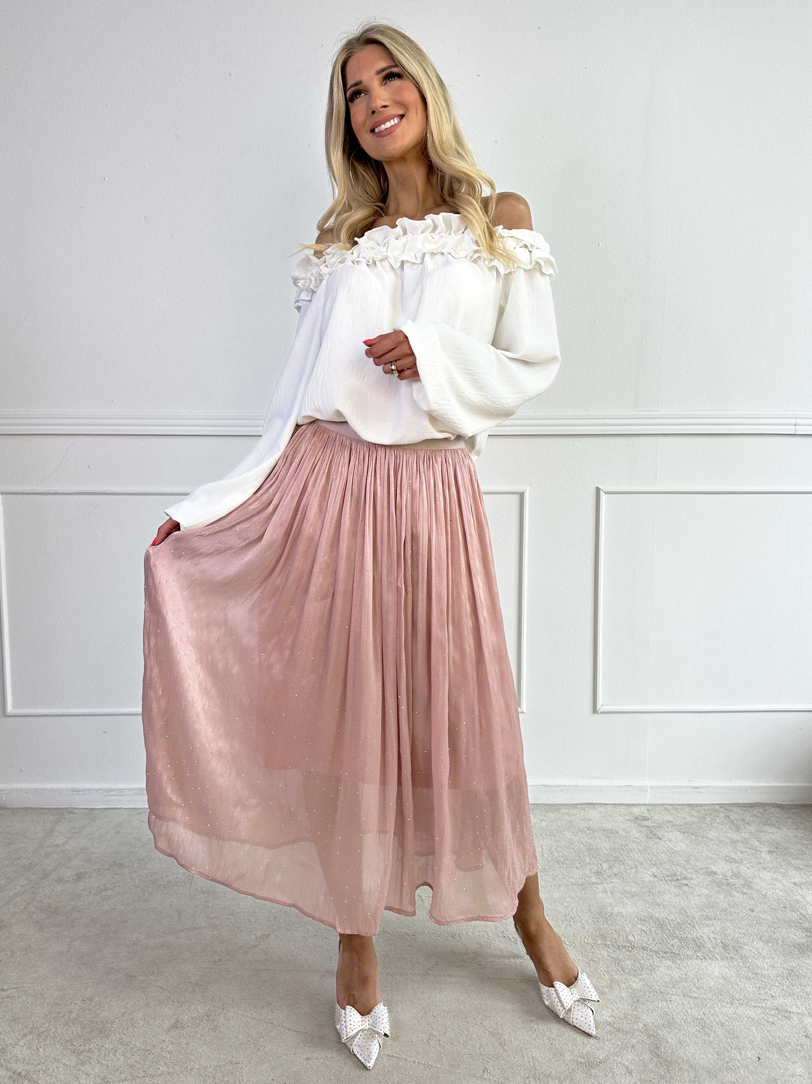 Afrodite - Feminin kjol i glansigt tyg med strass