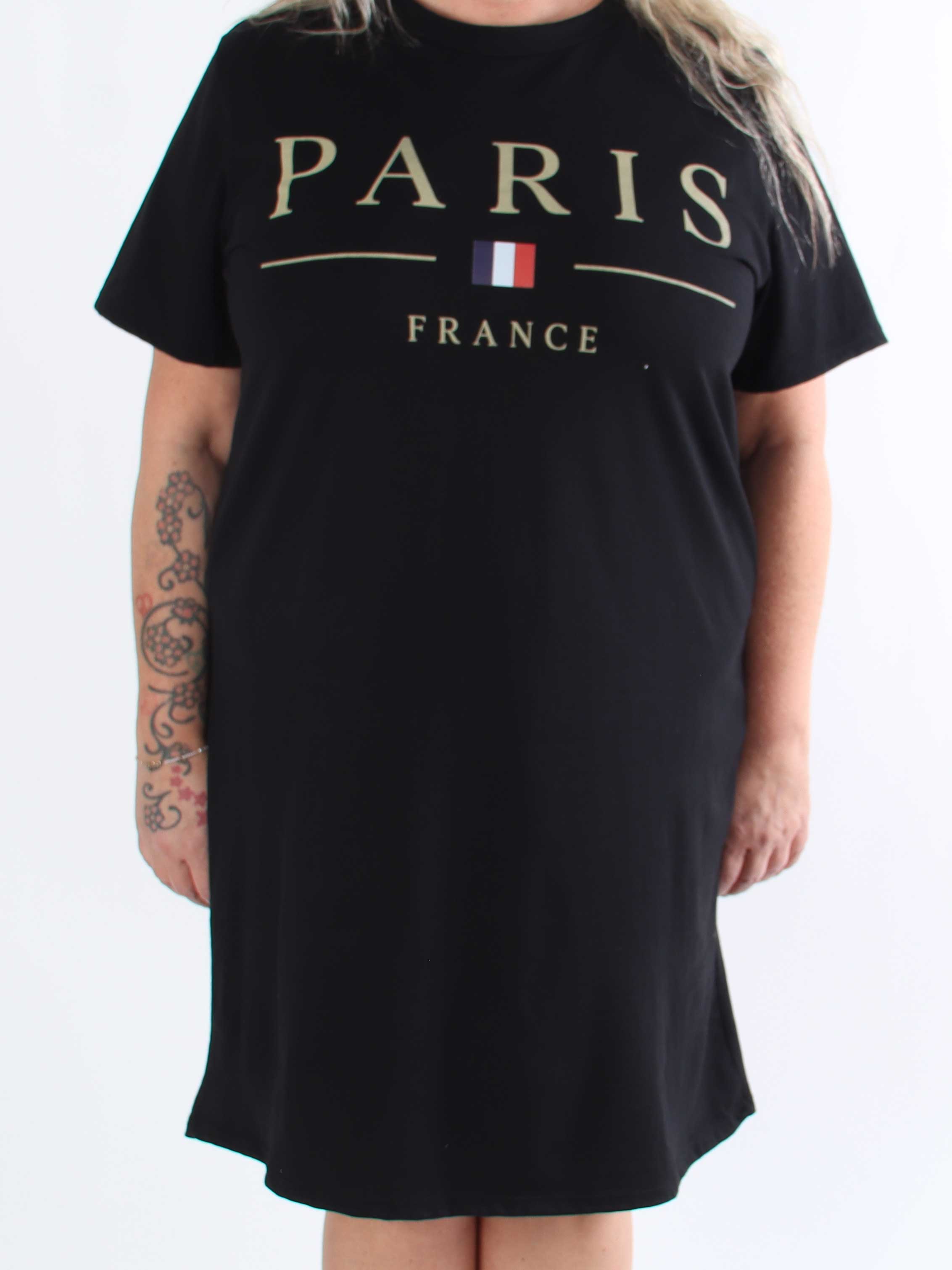 Alice - Plus size-klänning i bomull med Paris stående på bröstet