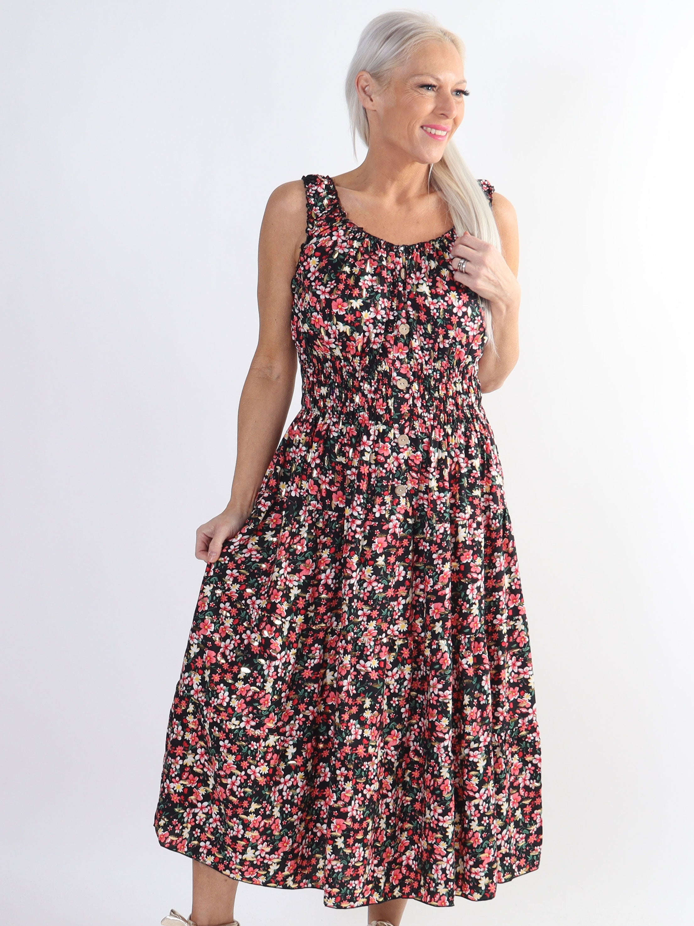 Alicia Small Flower Short - Plus size-klänning i viskos med smock