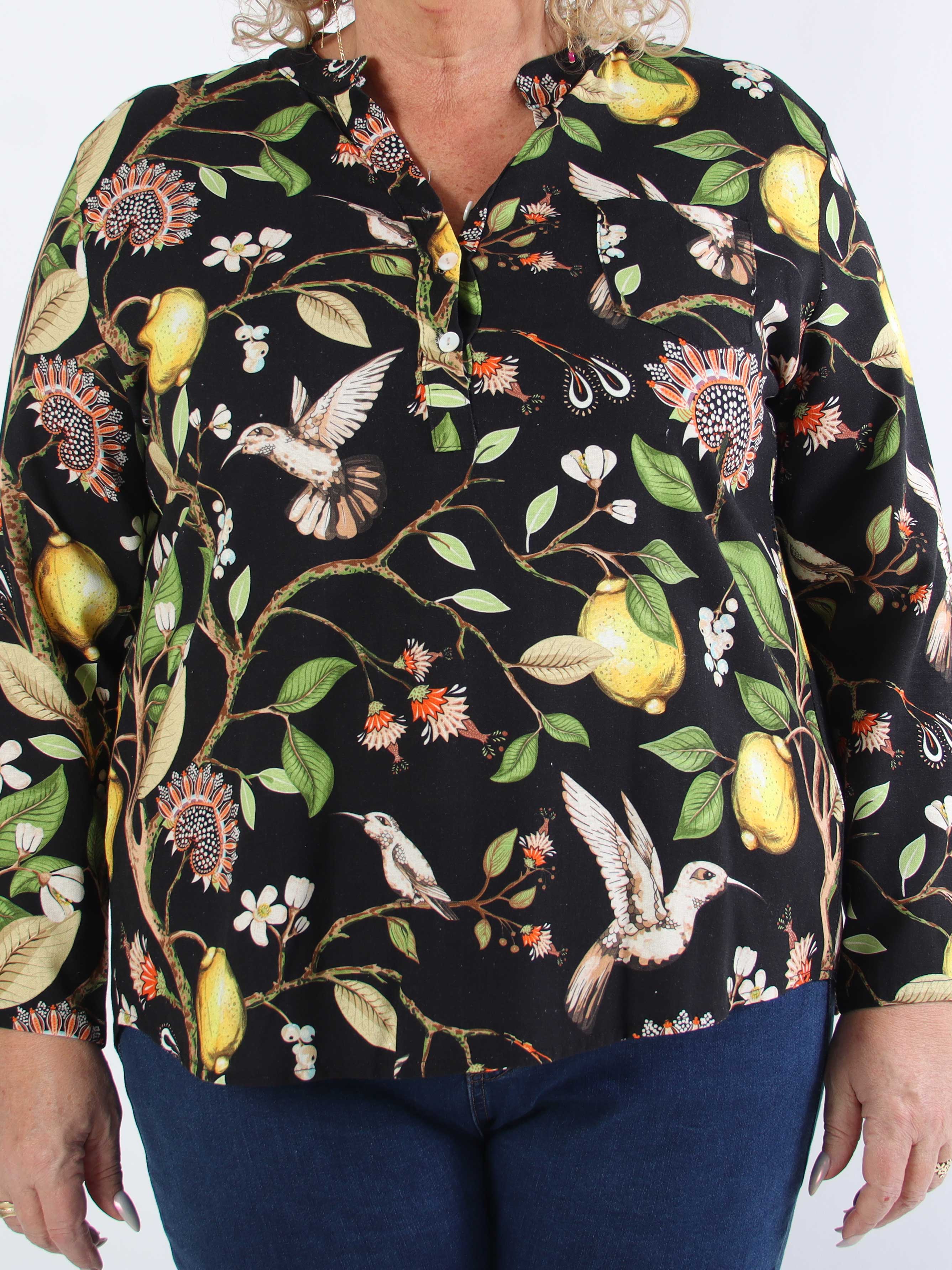 Almira - Plus size-skjorta i linne och bomull med fågelmotiv