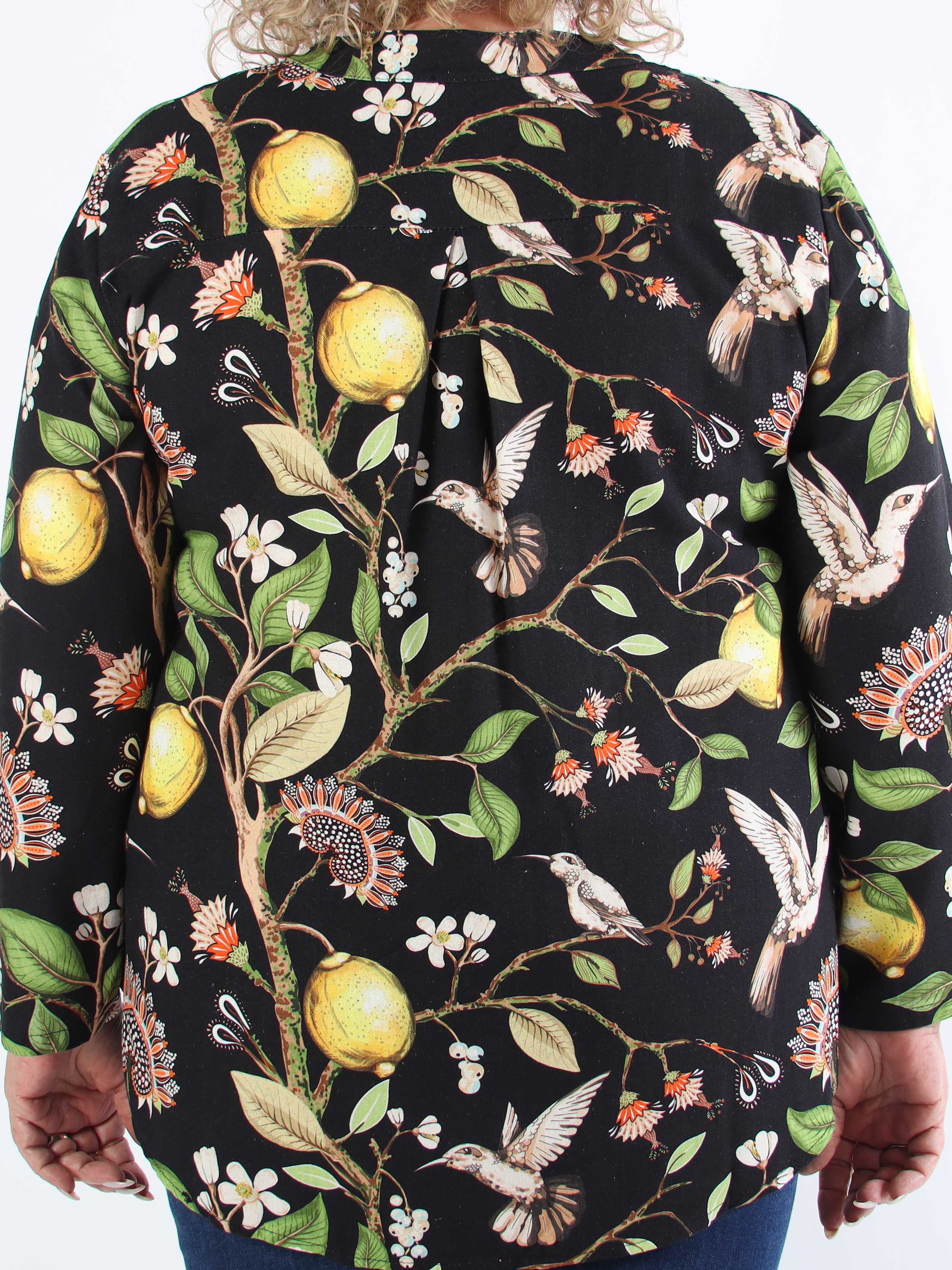 Almira - Plus size-skjorta i linne och bomull med fågelmotiv