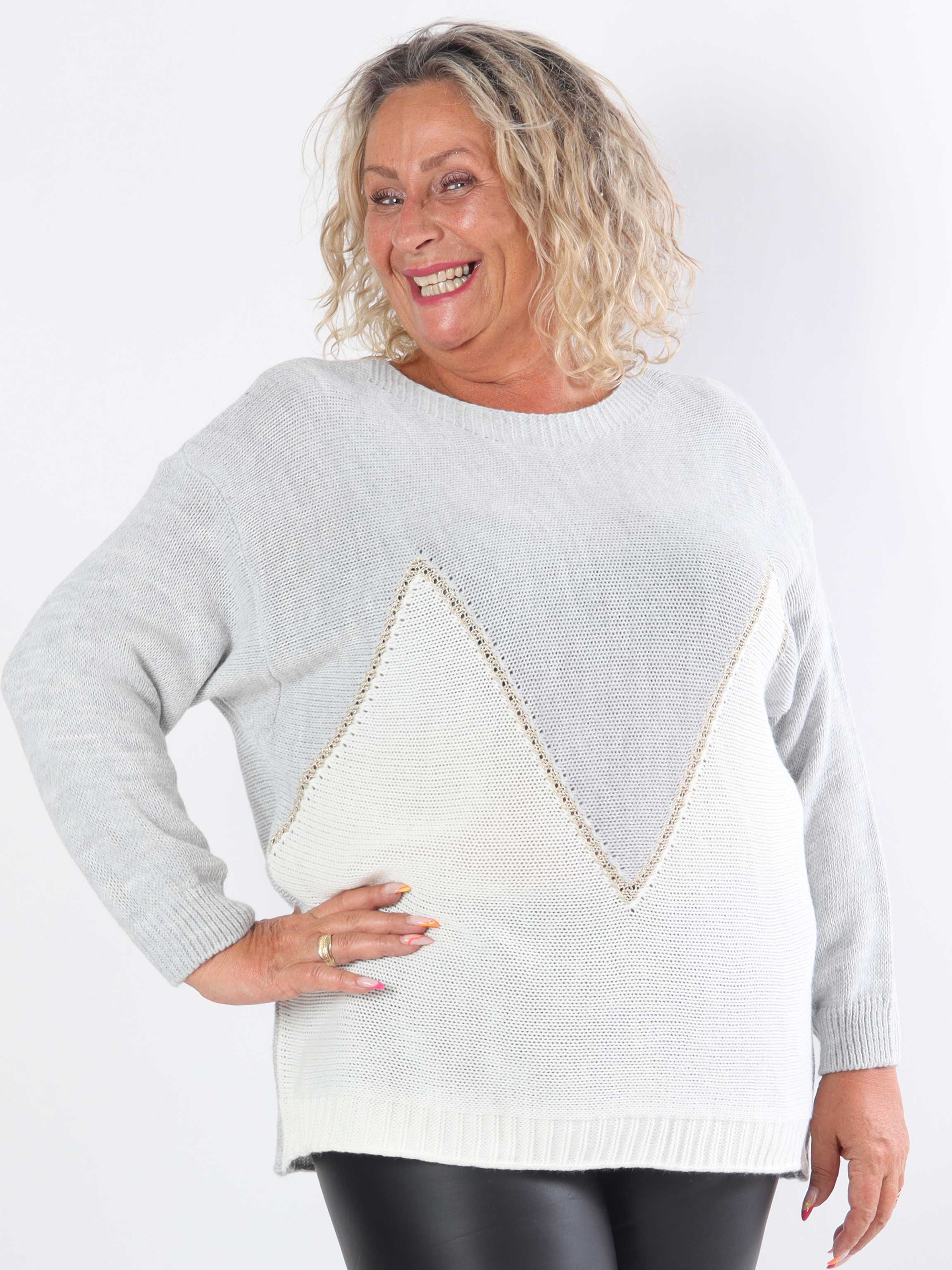 Amara Short - Tvåfärgad stickad plus size-blus med gulddetaljer