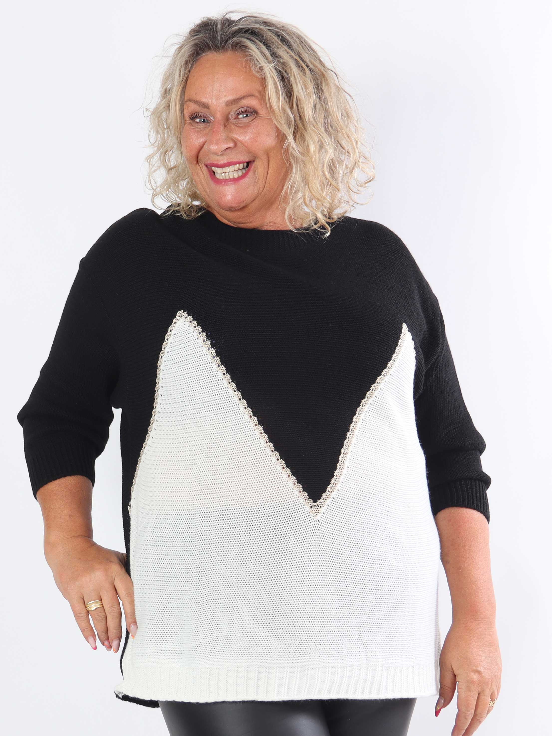 Amara Short - Tvåfärgad stickad plus size-blus med gulddetaljer