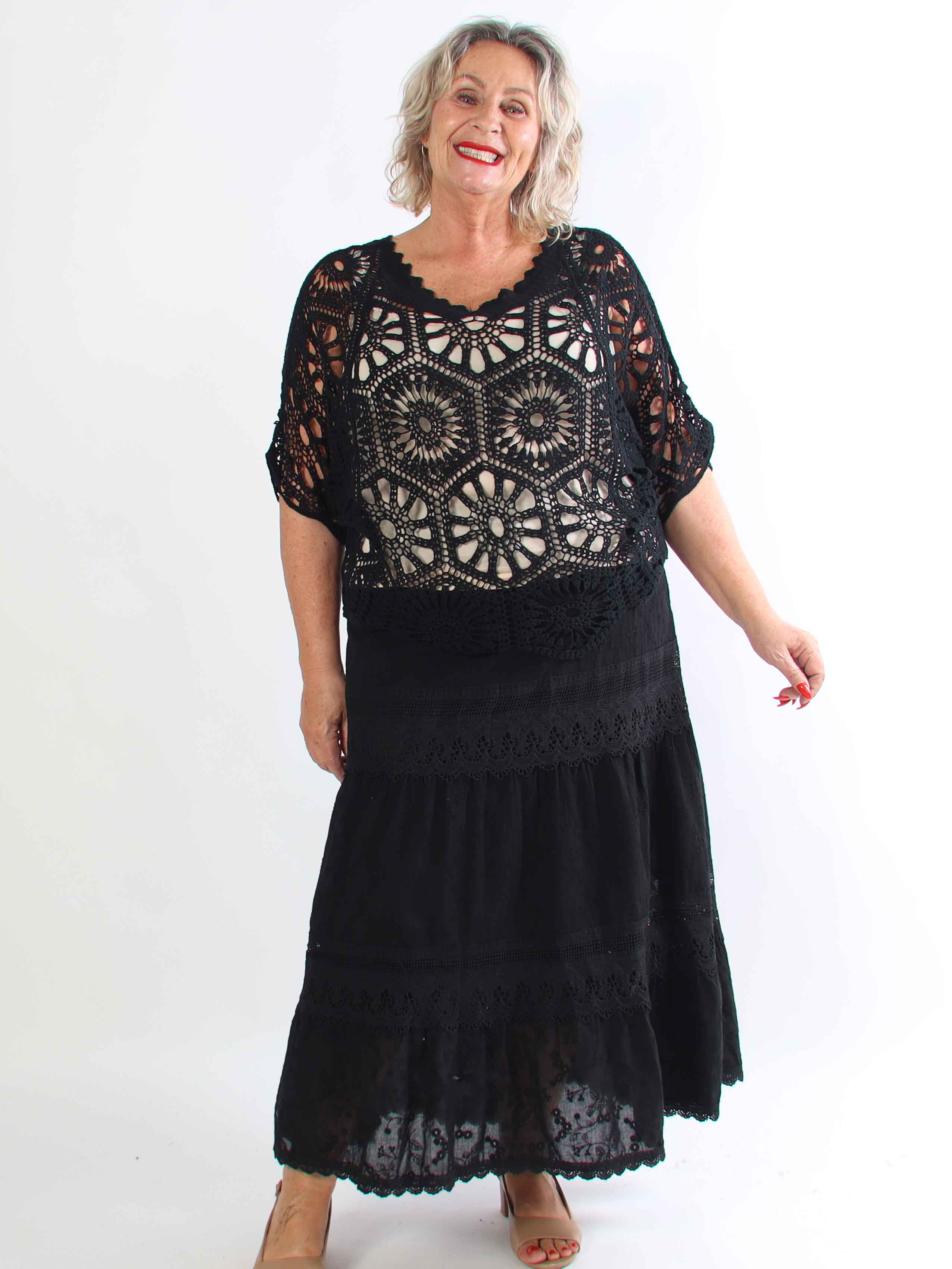 Aspen - Lang plus size nederdel i blød bomuld med broderede detaljer