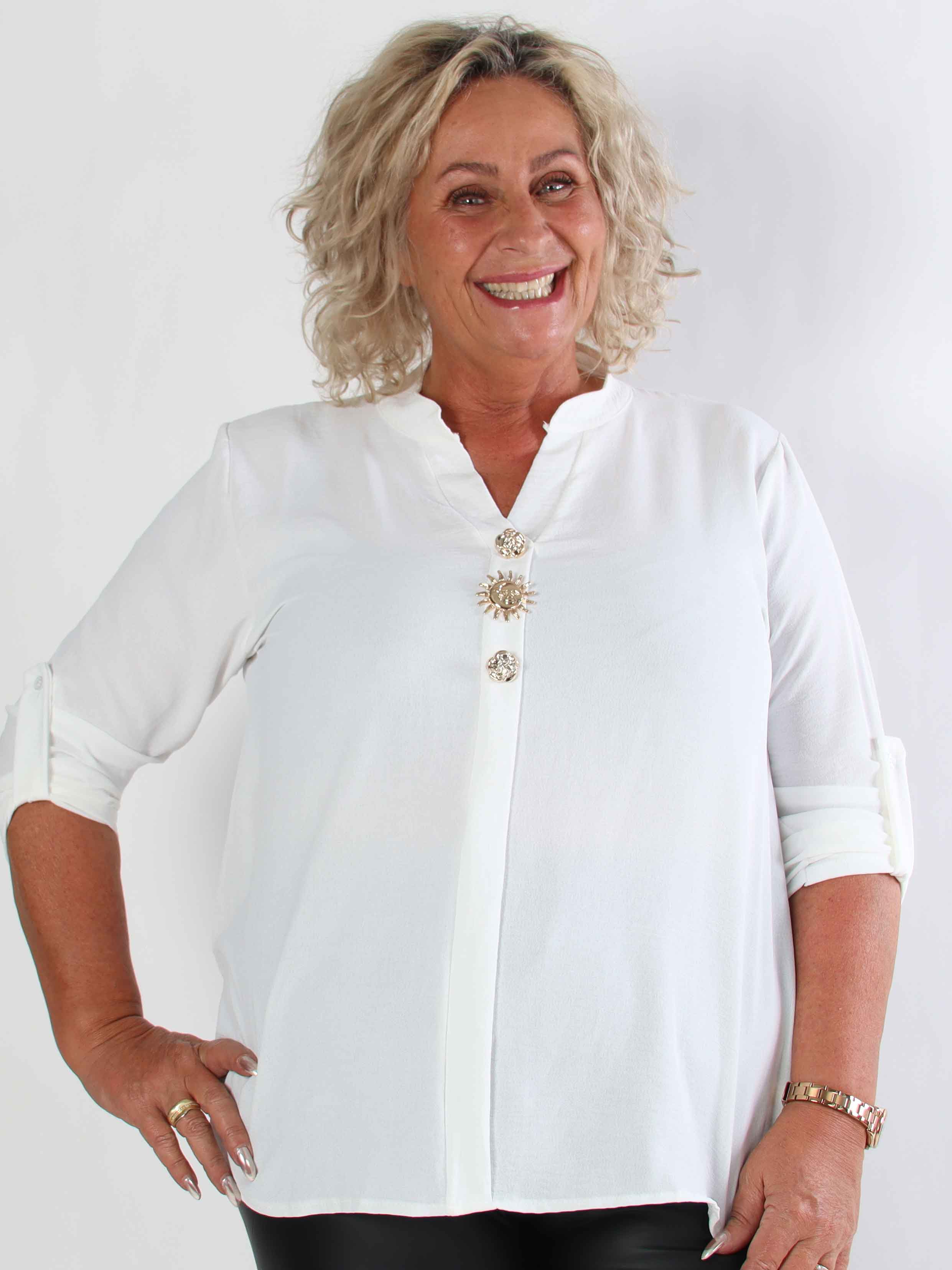 Bekka - Plus size skjorta i viskos med guldfärgade knappar och brosch