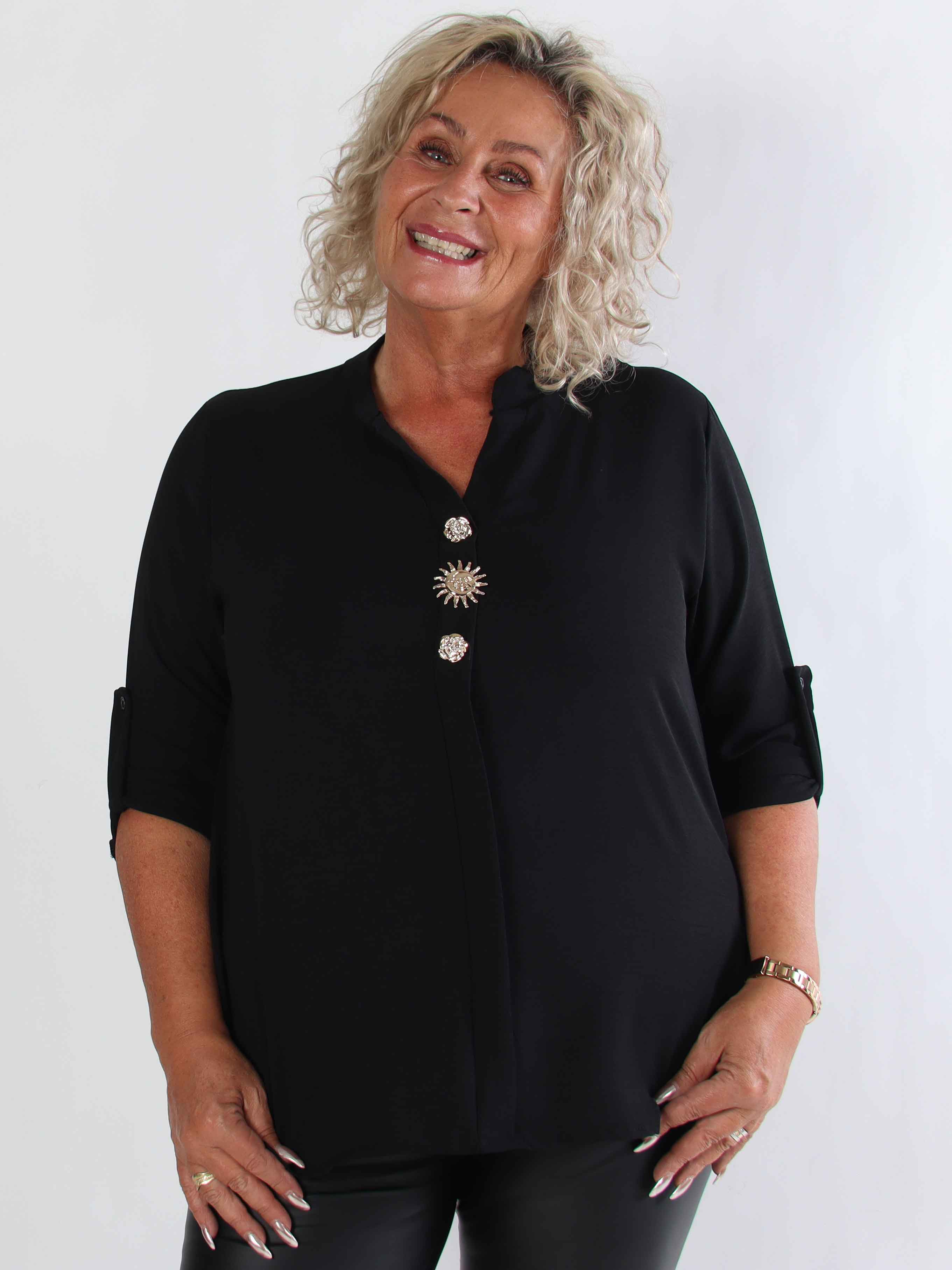 Bekka - Plus size skjorta i viskos med guldfärgade knappar och brosch